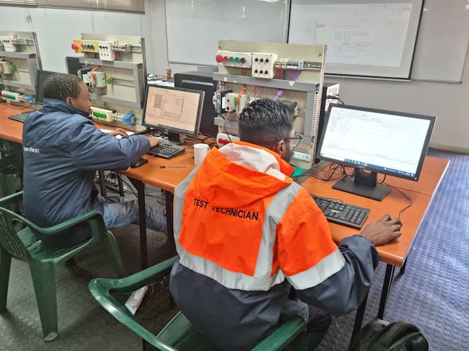 Two learners at computers in front of wired training panels